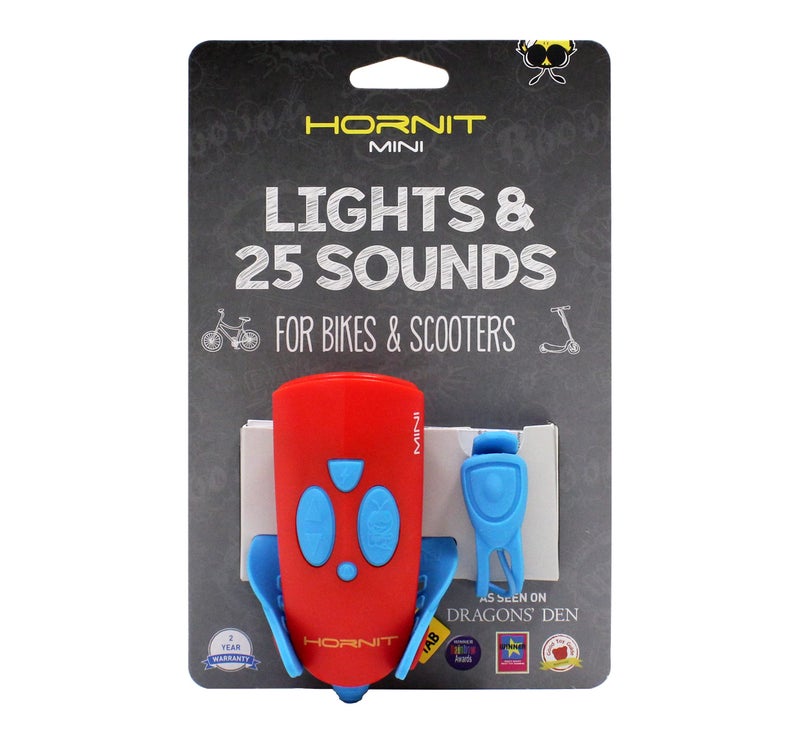 Hornit Mini, Bike & Scooter Horn and Safety Light for Children and Kids, 25 Sound Effects, 6 Light Modes: White Safety Light and Funky Green Light, Blue/Red - Image 1